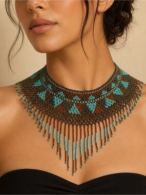 Turquoise & Brown Beaded Fringe Statement Necklace